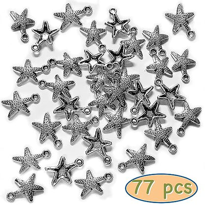 Heather's cf Silver Sea Charms – Antique Pendants, Non-Tarnish, Lead-Free & Nickel-Free, Bulk Ocean Animal Charms for DIY Jewelry, Bracelets, Necklaces, Earrings, Beach Craft Supplies (Sea Animals) - color: Dotted Starfish - 77 Pcs