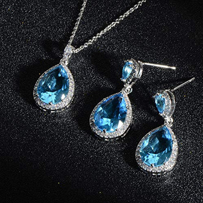 Bridal Jewelry Set for Wedding - 18k Plated Teardrop CZ Crystal Cubic Zirconia Rhinestone Necklace Earrings Set for Bride Bridesmaids Mother of Bride Party Prom Birthstone Costume Jewelry - color: Mar-Aquamarine