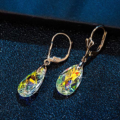 Austrian Crystal Teardrop Leverback Dangle Earrings for Women Fashion 14K Gold Plated Hypoallergenic Jewelry - color: Aurora Borealis