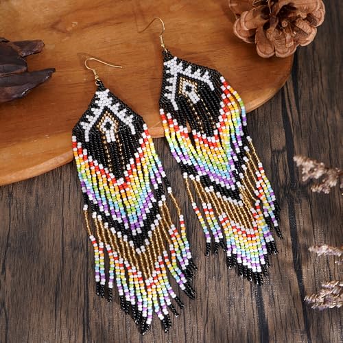 Bohemian Tassel Colorful Beaded Earrings For Women Trendy, Long Fringe Feather Drop Jewelry Handmade Gifts. - color: color7