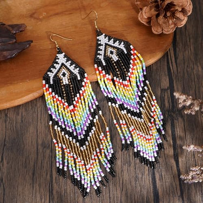 Bohemian Tassel Colorful Beaded Earrings For Women Trendy, Long Fringe Feather Drop Jewelry Handmade Gifts. - color: color7