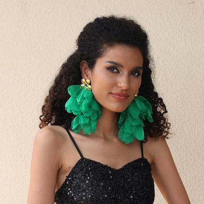 Fabric Flower Earrings for Women Colorful Long Tassel Floral Drop Earrings Fashion Boho Exaggerated Statement Beach Party Jewelry - color: E-874-Green