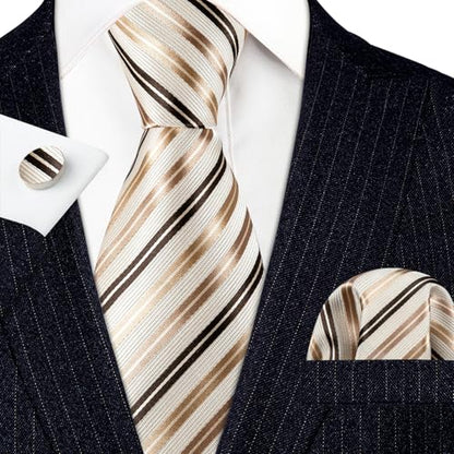 YOHOWA Men Plaid/Striped Ties Clip Set Silk Necktie Pocket Square Cufflinks | Woven Classic,Formal/Casual Mens Tie,Pocket Square Cufflinks Set,Luxury,Business,Wedding,Party,Prom,Graduation - color: Beige Black