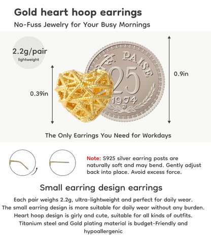 18K Gold Plated & Silver Chunky Heart & Bow Earrings for Women, Chunky Heart Dangle Hoops/Tiny Studs, Kawaii Dainty Hypoallergenic Jewelry for Multiple Piercings, Gift for Her - style: Cut-out Heart Studs
