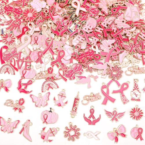SANNIX 200Pcs Breast Cancer Charms for Jewelry Making, Pink Ribbon Bulk | Cancer Awareness Charm Hope Pendants, for Bracelets Necklaces Earrings Craft Making Accessories - color: Pink