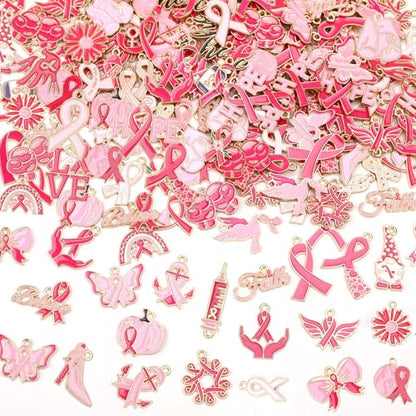 SANNIX 200Pcs Breast Cancer Charms for Jewelry Making, Pink Ribbon Bulk | Cancer Awareness Charm Hope Pendants, for Bracelets Necklaces Earrings Craft Making Accessories - color: Pink