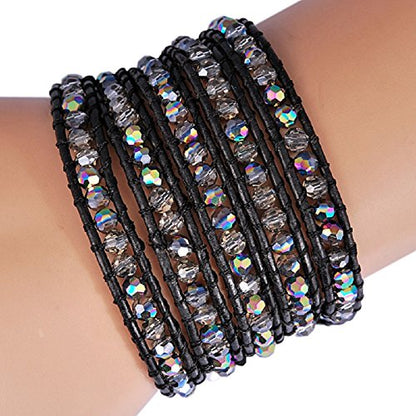 Genuine Leather Bracelet Multi Colors Crystal Beads Wrap Bracelets for Women Fashion Trendy Jewelry (5 Wraps, Facet AB Rhinestone)