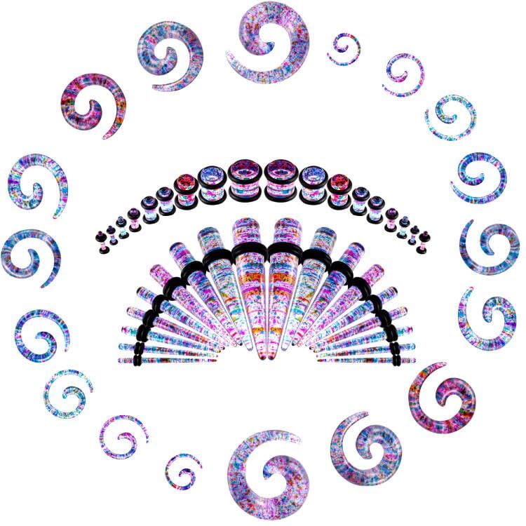 54/102Pcs Ear Stretching Kit 14G-00G Acrylic Ear Gauge Stretching Kit with Heart Plugs Gauge Tapers Ear Tunnels Horseshoes Taper Spiral Tapers Gauges Ear Expanders for Men Women - color: Pink & Purple