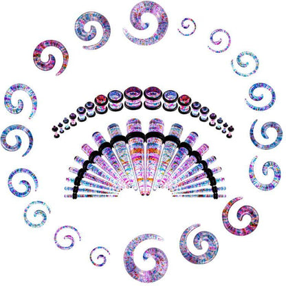 54/102Pcs Ear Stretching Kit 14G-00G Acrylic Ear Gauge Stretching Kit with Heart Plugs Gauge Tapers Ear Tunnels Horseshoes Taper Spiral Tapers Gauges Ear Expanders for Men Women - color: Pink & Purple