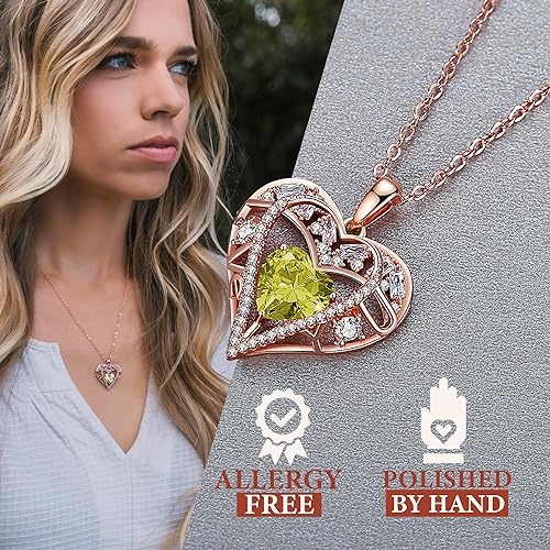 5 Heart I Love You Necklace for Women, Birthstone Crystal Pendant, Birthday Gift for Her, Wife, Mom, Rose Gold or Gunmetal Plated, 925 Sterling Silver Chain 18"+2" - color: 08-August-Peridot Apple Green-Rose Gold Plated