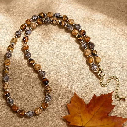 Beaded Necklaces for Women 3Pcs Colorful Boho Gemstone Bead Choker Summer Natural Stone Surfer Beach Bead Necklace Bracelets Earring Set Handmade Jewelry for Women Gift Jewelry Sets - color: Tiger eyes