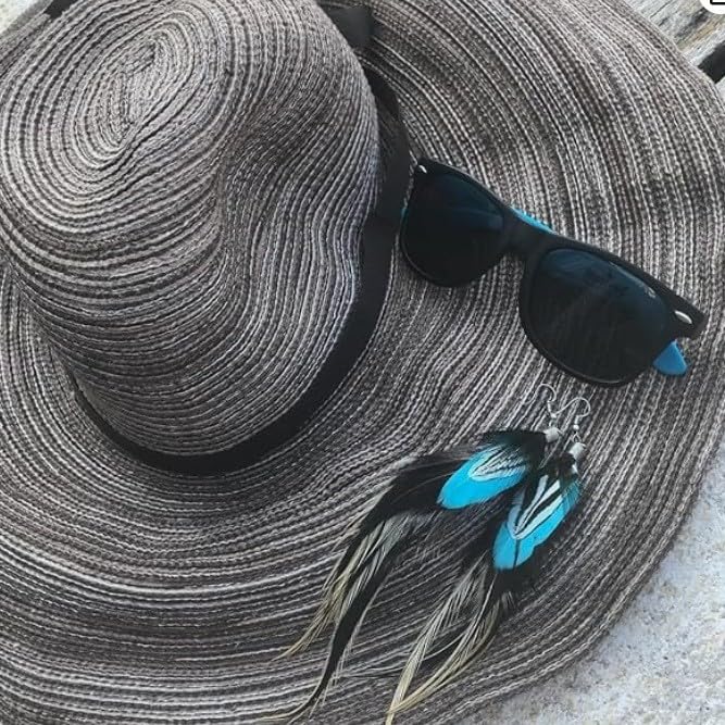 18K Gold Plated Bohemian Feather Drop Earrings – Long Dangle Handmade Earrings with Blue & Natural Feathers, Lightweight Ethnic Statement Jewelry