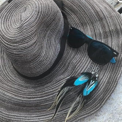 18K Gold Plated Bohemian Feather Drop Earrings – Long Dangle Handmade Earrings with Blue & Natural Feathers, Lightweight Ethnic Statement Jewelry