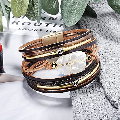 Fesciory Leather Wrap Bracelet for Women, Boho Western Layered Cuff Jewelry | Stackable Bracelets, Easy-On Clasp, Daily Wear, Pairs with Boho Western Outfits, Gift for Women - color: Brown4