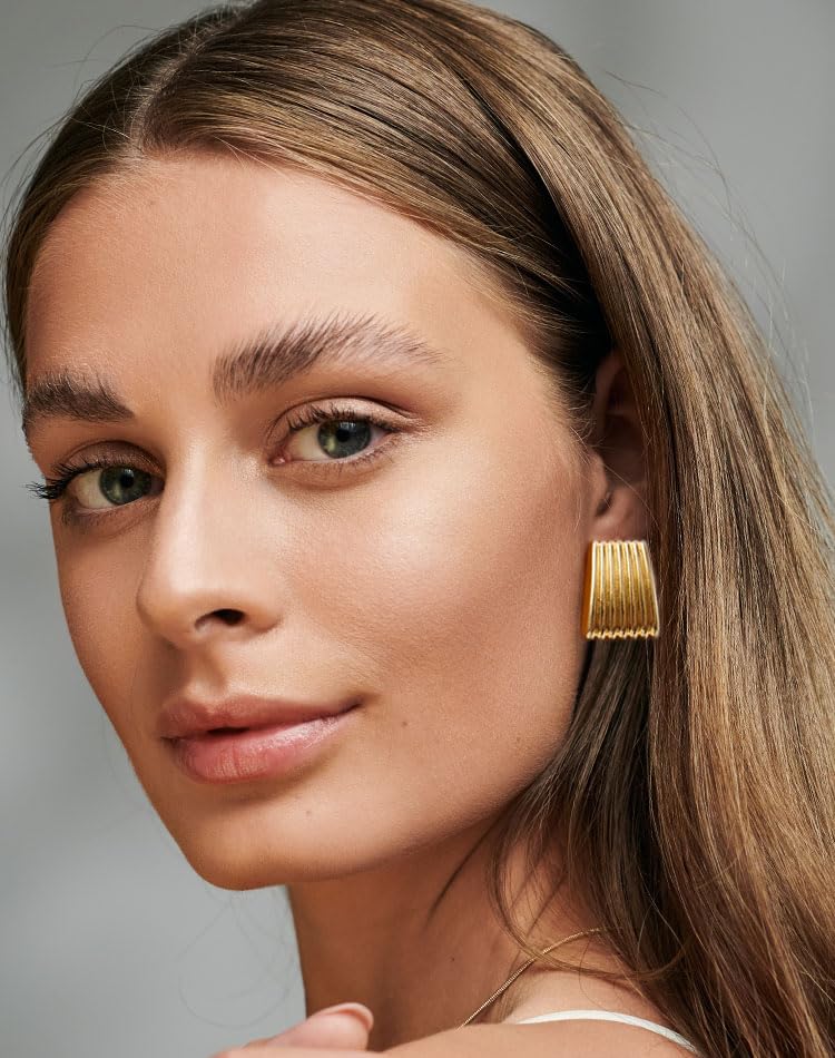 Gold Chunky Statement Earrings for Women, Trendy 14K Gold Plated Square Geometric Vintage Drop Dangle Designer Stud Earrings, Jewelry Gift - style: ribbed-gold