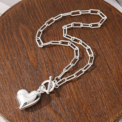 14K Gold Plated Two Sides Carved Stone Heart Shape Necklace for Women Love Pendant Necklace Jewelry for Daily and Gifts - color: Silver Heart