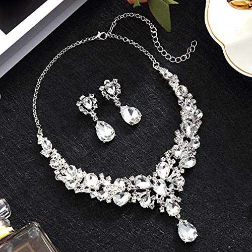 Hicarer Bridal Teardrop Cluster Crystal Jewelry Set for Women Necklace Earrings Wedding - color: Silver