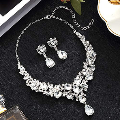 Hicarer Bridal Teardrop Cluster Crystal Jewelry Set for Women Necklace Earrings Wedding - color: Silver