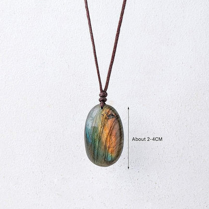 Natural Labradorite Pendant Necklace Healing Crystal Stone Holder Necklace with Adjustable Cord for Women Men， about 13.78~17.72 inch