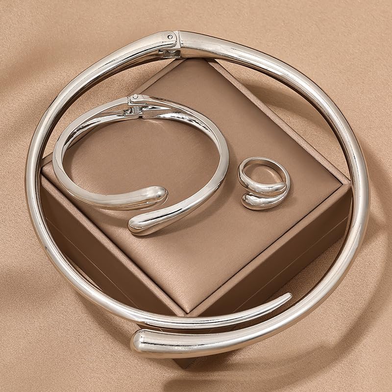 Round Teardrop Necklace Bracelet Ring Jewelry Set Gold Plated Chunky Statement Jewelry Set for Women Simple Elegant Jewelry - color: silver
