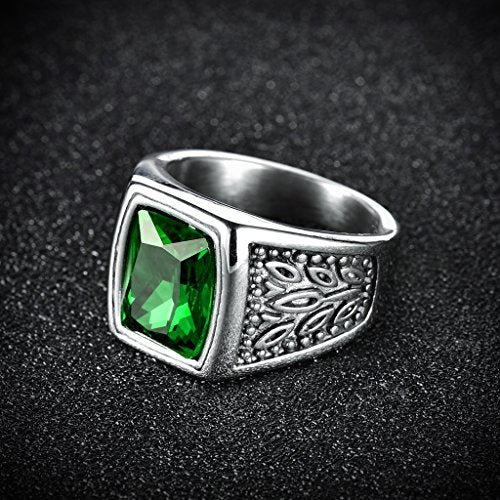 MASOP Jewelry Men's Stainless Steel Wide Identify Ring Green Emerald Color Square Stone