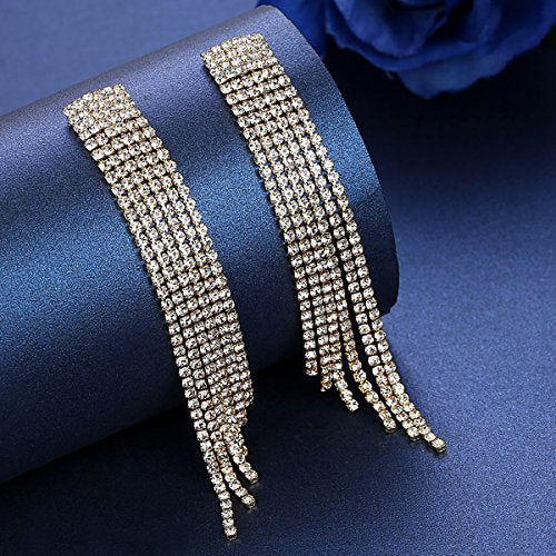 Silver Rhinestone Crystal Bridal Chandelier Long Tassels Dangle Earrings for Wedding - color: A-gold earring