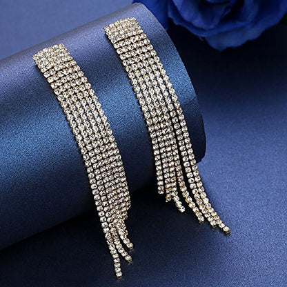 Silver Rhinestone Crystal Bridal Chandelier Long Tassels Dangle Earrings for Wedding - color: A-gold earring