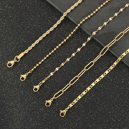 6PCS Ankle Bracelets for Women18K Gold Plated Stainless Steel Waterproof Layered Herringbone Figaro Bead Paperclip Rope Tennis Box Cuban Link Rolo Satellite Chain Anklets Set Gold Tone - style: B:Bead,Rope