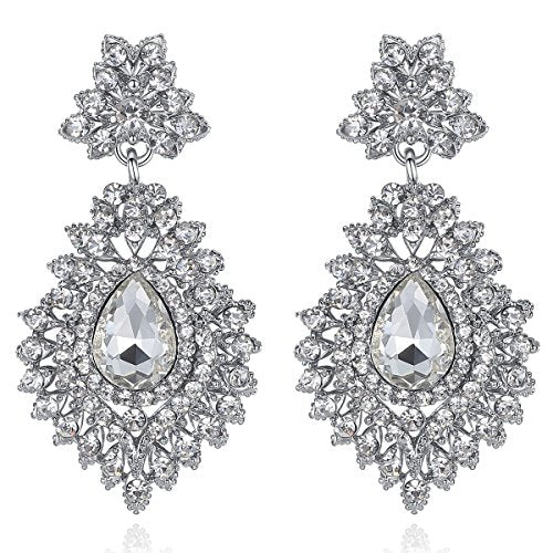 Flower Teardrop Bridal Wedding Dangle CZ Earrings in Silver/Gold Tone for Women Girl Bride Gift … - color: B-Clear