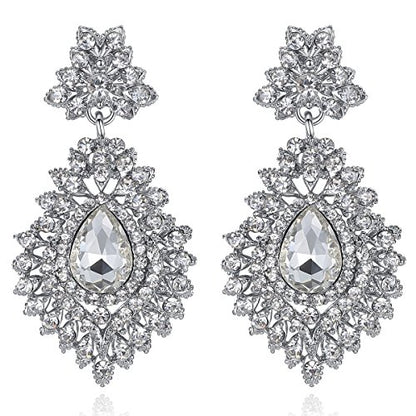 Flower Teardrop Bridal Wedding Dangle CZ Earrings in Silver/Gold Tone for Women Girl Bride Gift … - color: B-Clear