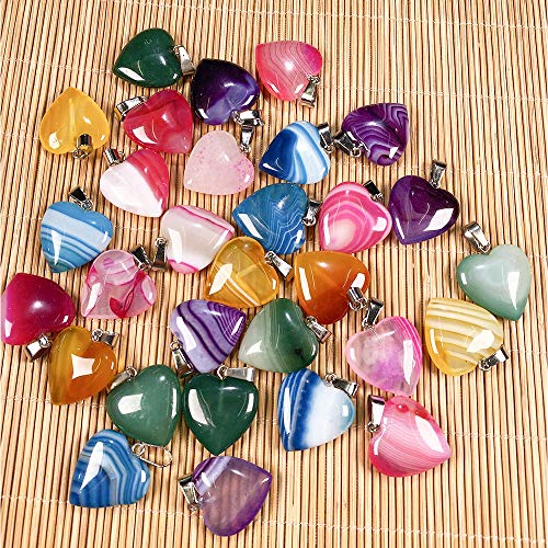 LHJ 20 Pcs Natural Stone Pendants Heart Shape Crystal Quartz Agate Charms for Jewelry Making Necklace Bracelet - color: Heart A