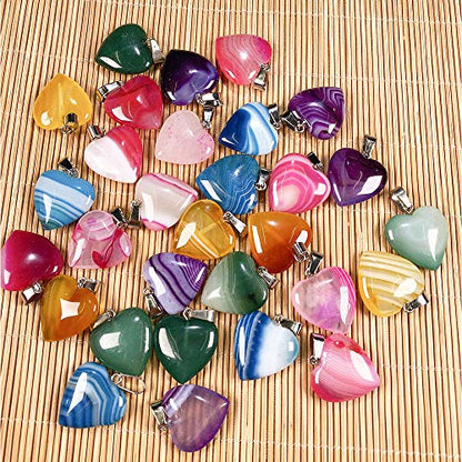 LHJ 20 Pcs Natural Stone Pendants Heart Shape Crystal Quartz Agate Charms for Jewelry Making Necklace Bracelet - color: Heart A