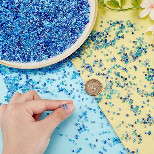PH PandaHall 12000PCS 24 Styles Glass Seed Beads 3~4mm 8/0 Blue Friendship Waist Bead Round Tiny Loose Spacer Beads Small Craft Seed Mini Glass Bead for Summer Seaside Beading Weaving Bracelet