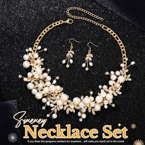 Sixexey Bridal Wedding Jewelry Set Gold Pearl Necklace Jewelry for Women | Crystal Rhinestone Necklace and Earrings Prom Costume Jewelry for Women and Brides