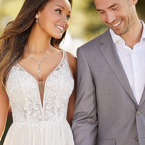 EleQueen Women's Simulated Pearl Wedding Jewelry Set for Brides | Cubic Zirconia Necklace Earrings Bracelet Set for Brides Bridesmaids, Bridal Jewelry Set for Anniversary/Memorial Day - style: Pearl Necklace Earrings 2 Pieces Set