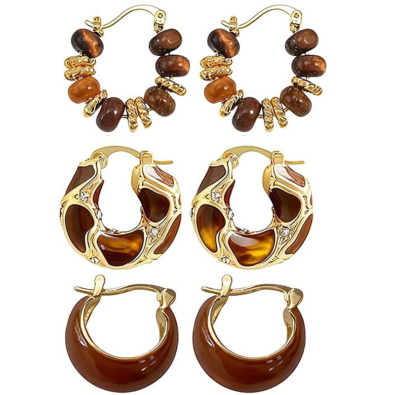 3 Pairs Amber Jewelry Boho Brown Earrings for Women Chunky Amber Earrings | Boho Brown Earrings Chunky Amber Earrings Vintage Resin Beaded Loop Earring, Boho Accessories Vintage Jewelry Gifts ﻿