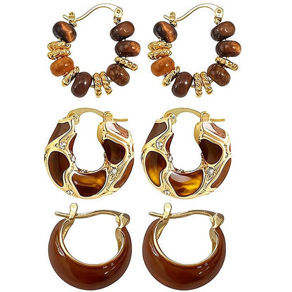 3 Pairs Amber Jewelry Boho Brown Earrings for Women Chunky Amber Earrings | Boho Brown Earrings Chunky Amber Earrings Vintage Resin Beaded Loop Earring, Boho Accessories Vintage Jewelry Gifts ﻿