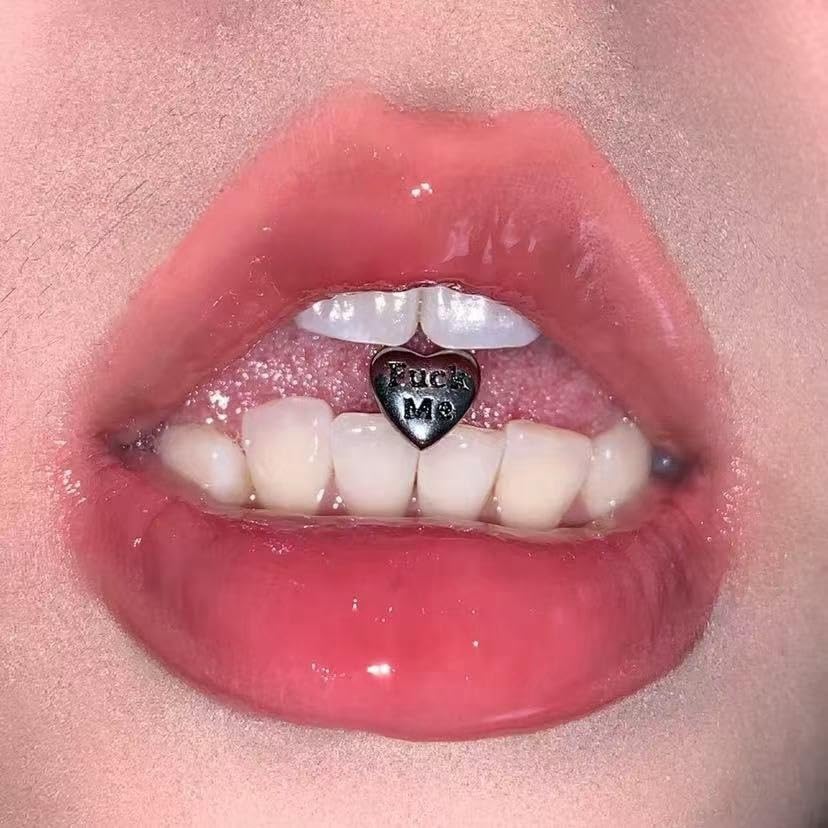 14G Stainless Steel Heart Tongue Rings Statement Lettering Tongue Barbell Tongue Piercing Jewelry (Style 1)