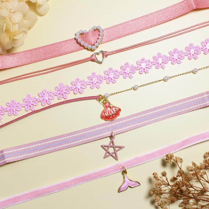 Nova&Aria Chokers Set For Women Heart Choker Necklaces Flower Pendant Velvet Cute Pink Turquoise Blue White Black Choker Necklace Christmas Colorful Lace Chokers - color: Pink-B