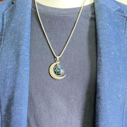 Stainless Steel Mens Necklace 12 Zodiac Moon Galaxy Pendant Necklace,22.8 Inch Stainless Steel Chain, 1.13 Inch Aries/Pisces Celestial Crescent Moon Star Sign Charm Jewelry - style: Pisces（2.19-3.20）