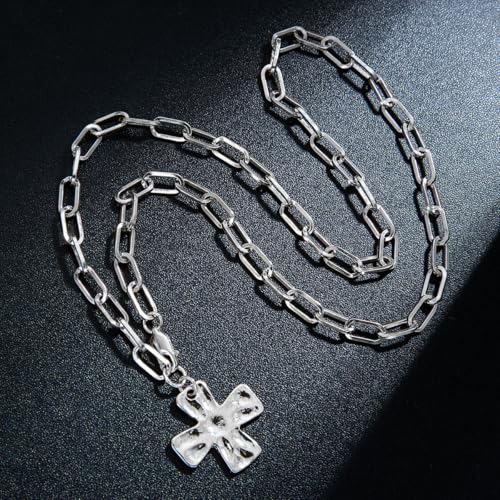 Chunky Cross Necklace for Women,Gold Silver Layered Hammered Cross Pendant Necklace Statement Paperclip Toggle Charm Chain Herringbone Snake Choker Christian Jewelry Outfit Accessories - color: BSilver