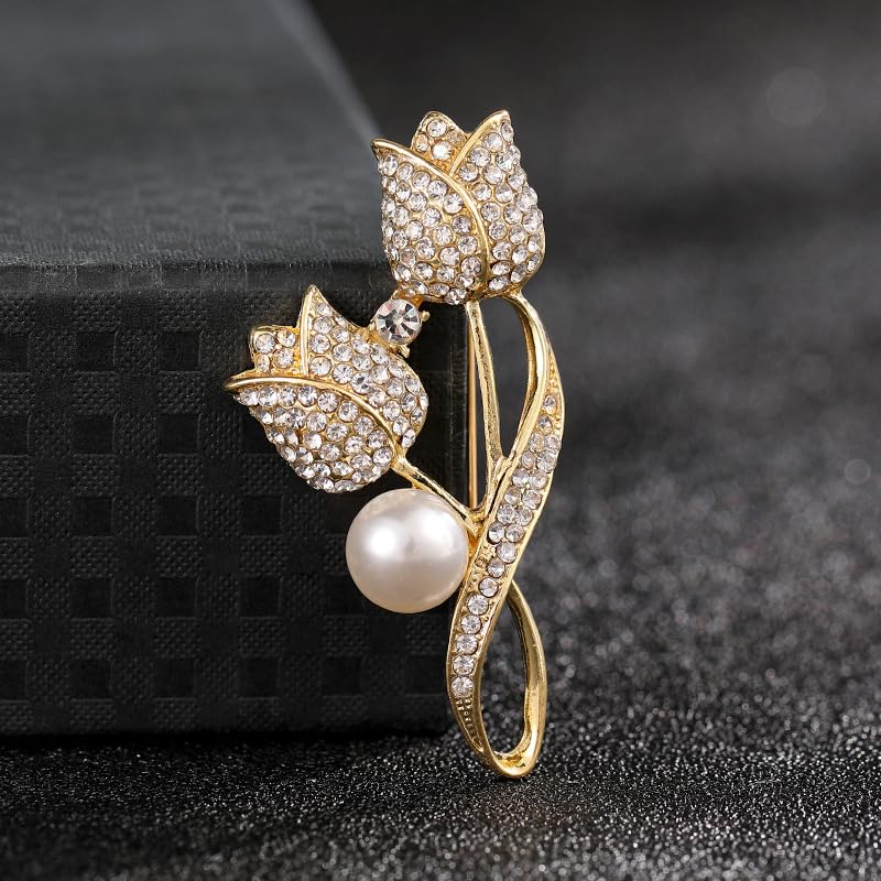 coadipress Tulip Floral Brooch Pin for Women Dainty Gold Plated Rhinestone Pearl Tulip Flower Green Leaf Broochs Pins Trendy Wedding Party Jewelry Accessories - style: Gold