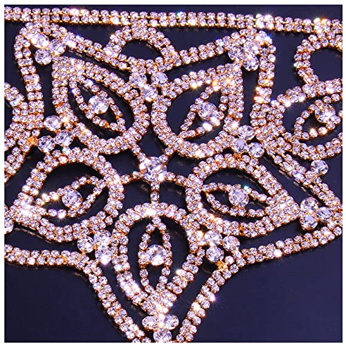 Women Sexy Rhinestone Waist Body Chain Bikini Thong Panties Crystal Body Chain Jewelry (Gold) - color: Flower Pattern