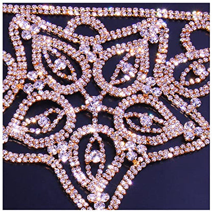 Women Sexy Rhinestone Waist Body Chain Bikini Thong Panties Crystal Body Chain Jewelry (Gold) - color: Flower Pattern