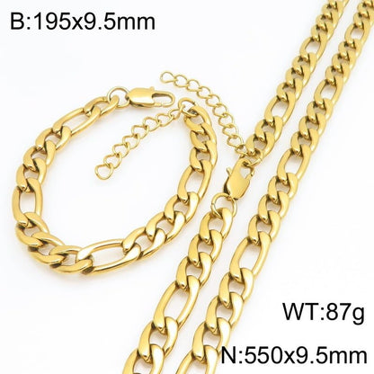 Kemstone Stainless Steel Figaro Cuban Bracelet Necklace Set for Men Women Jewelry - color: Gold 09