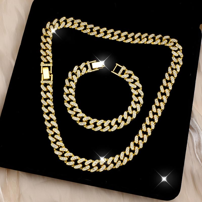 8 PcsCuban Link Chain jewelry sets for Woman with Rhinestone Necklace Bracelet Earrings Bling Diamond chunky Chain Jewelry - color: Golden A, size: 18inch