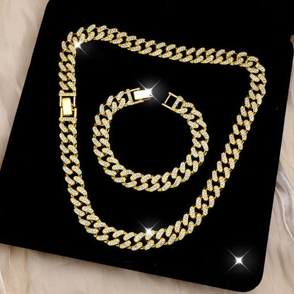 8 PcsCuban Link Chain jewelry sets for Woman with Rhinestone Necklace Bracelet Earrings Bling Diamond chunky Chain Jewelry - color: Golden A, size: 20inch