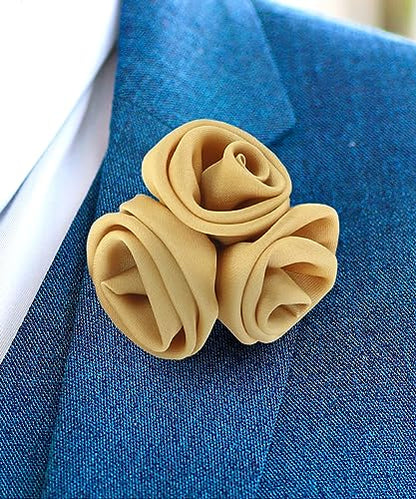 Premium Trio Cluster Flower Lapel Pin - Formal Boutonniere for Men, Flower Brooch Pin - color: Gold