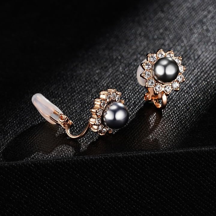 Pearl Clip On Earrings for Women, Austrian Crystal Halo | 14K Gold-Plated Finish, Comfortable Clip-On Fit, Non-Pierced Earrings, Soft Silicone Pads Included, Gift Box Included - color: Black Pearl /Gold-Tone