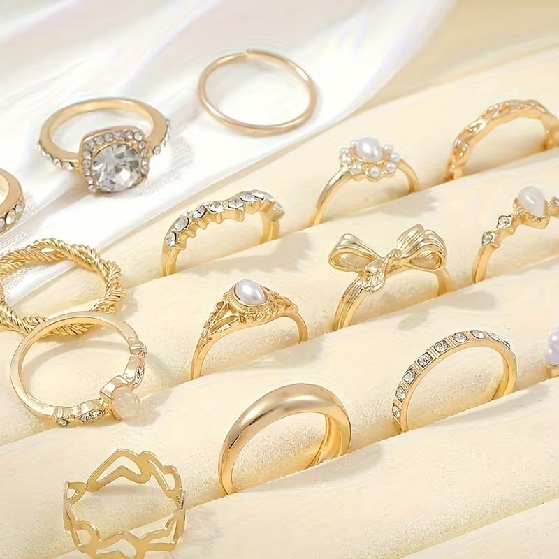 Chunky Gold Rings for Women Non Tarnish, Baroque Pearl Flower Tiger's Eye Stone Rings Adjustable Stacking Statement Rings Set Fashion Jewelry Gifts - style: Diamond/Gemstone/Pearl_Inlay